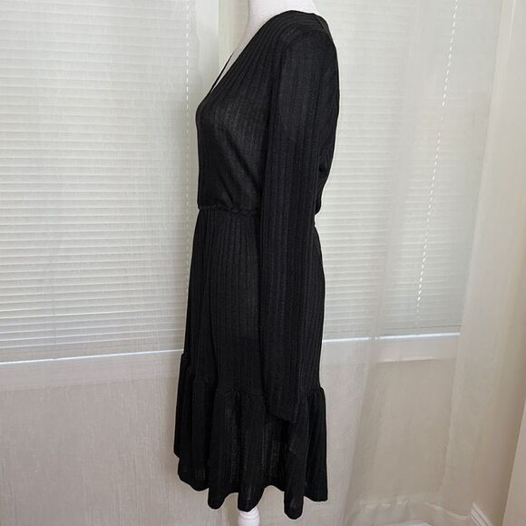 CUPSHE M Black V-Neck Long Sleeve Knit Ribbed Swim Cover-up Ruffle Dress - Picture 5 of 14